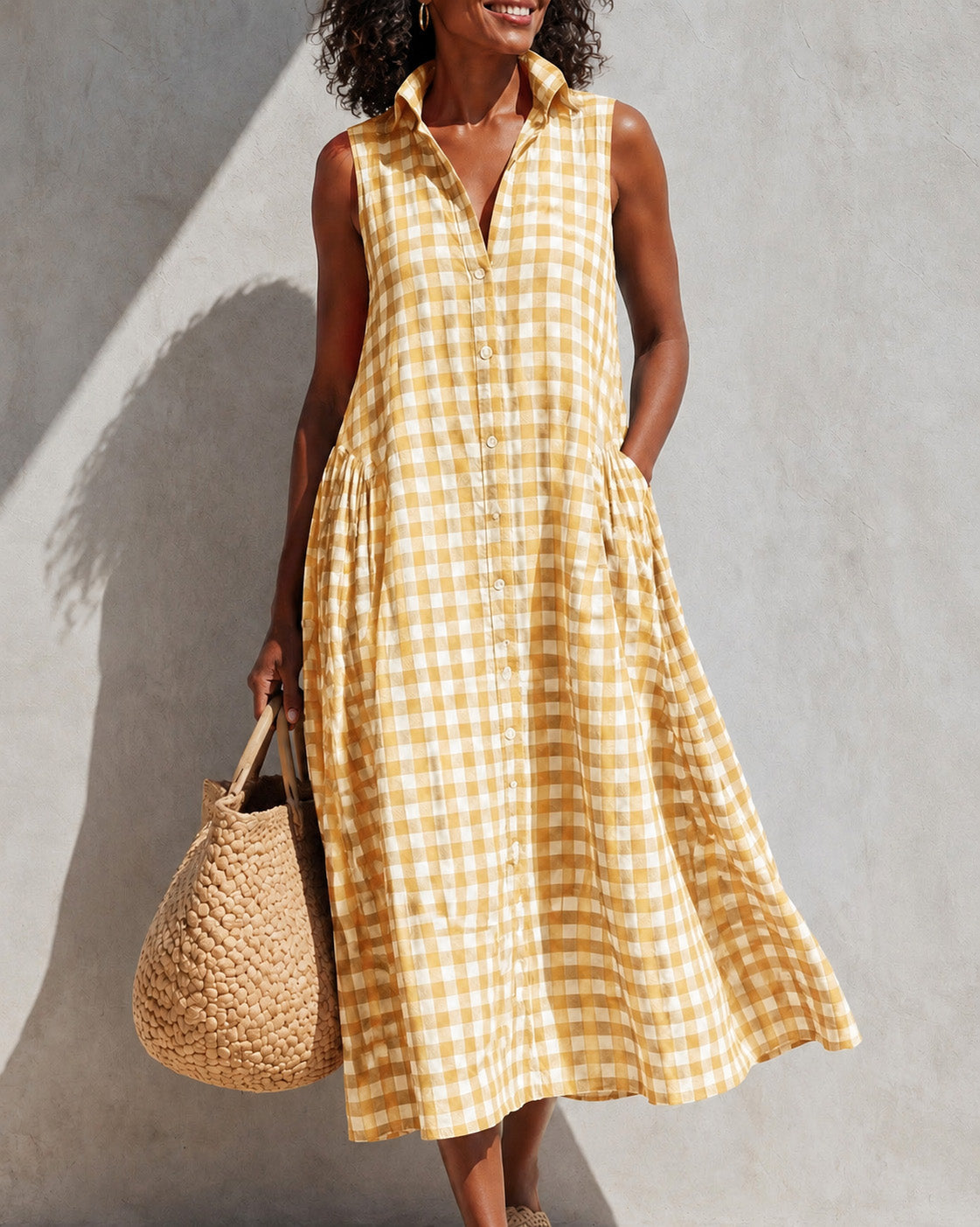 Button Front Collared Classic Plaid Sleeveless Casual Dress