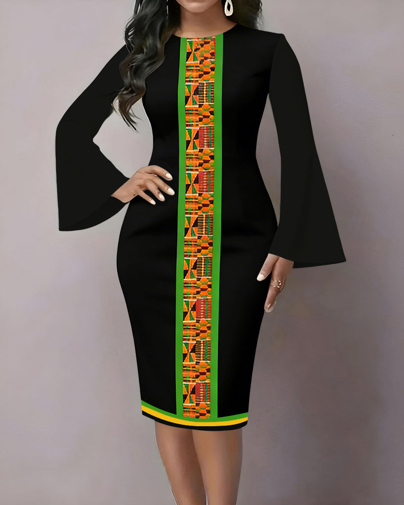 African Geometric Print Flared Sleeves Mini Dresses