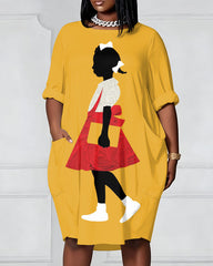 Black culture Ruby Bridges Oversized Round Neck Side Pockets & 3/4 Sleeves Midi Dress