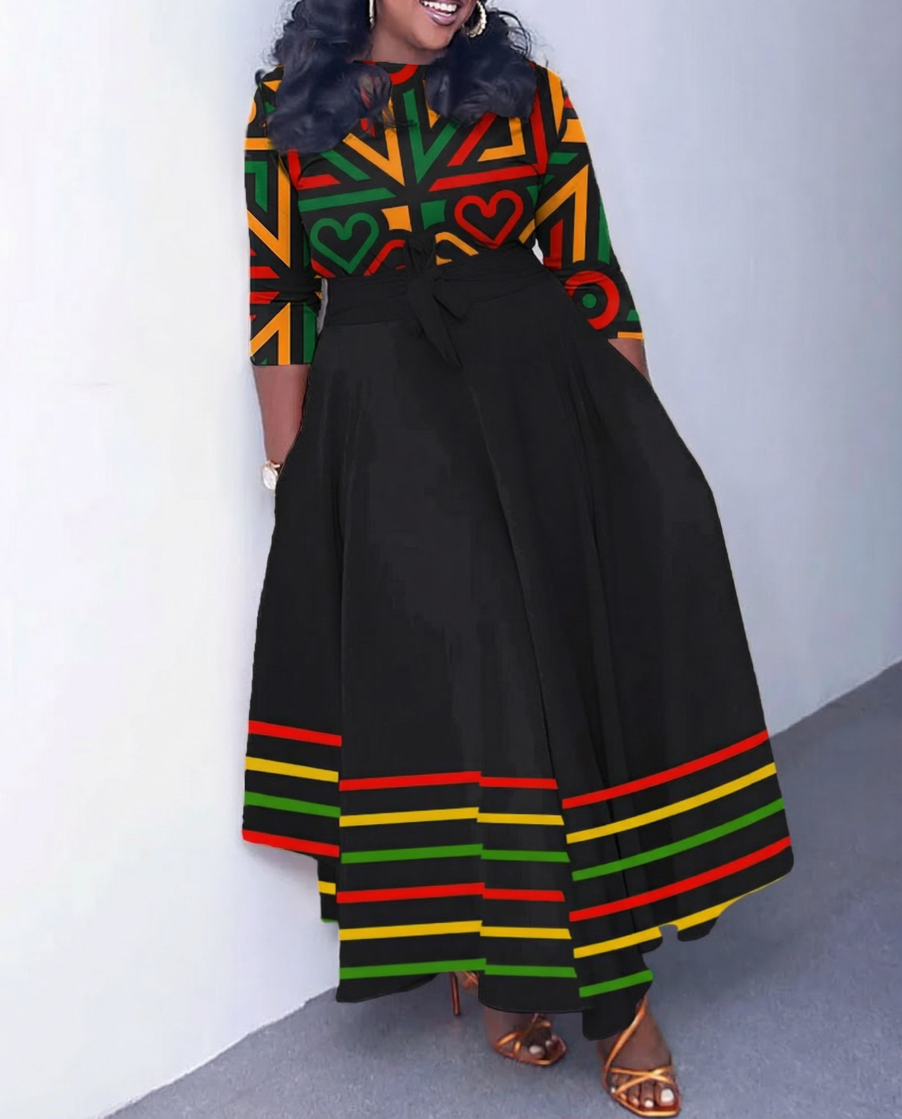 Crew Neck Reggae African Color Elements Straps Pockets Maxi Dress