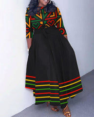 Crew Neck Reggae African Color Elements Straps Pockets Maxi Dress