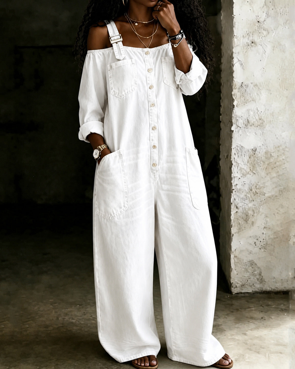 100% Washed Denim Single-breasted Off-shoulder Overall