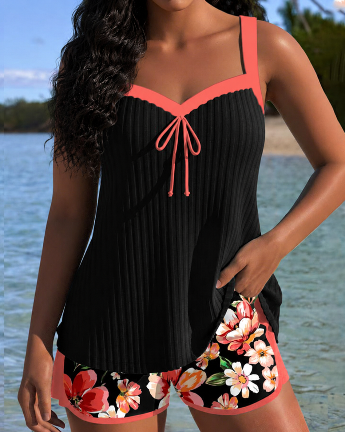 Bohemian Floral Ribbed Stretch Short Bikini Set