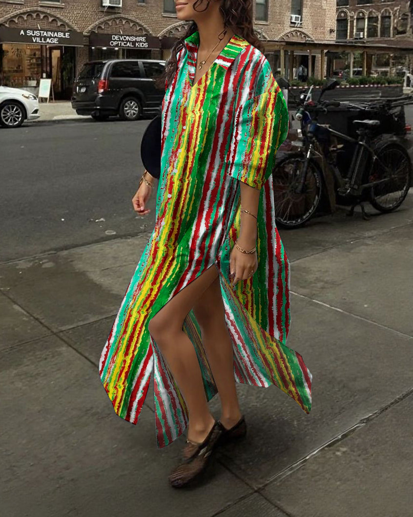 Contrasting Watercolor Stripes Hem Slit Shirt Collar Long Sleeve Maxi Dress