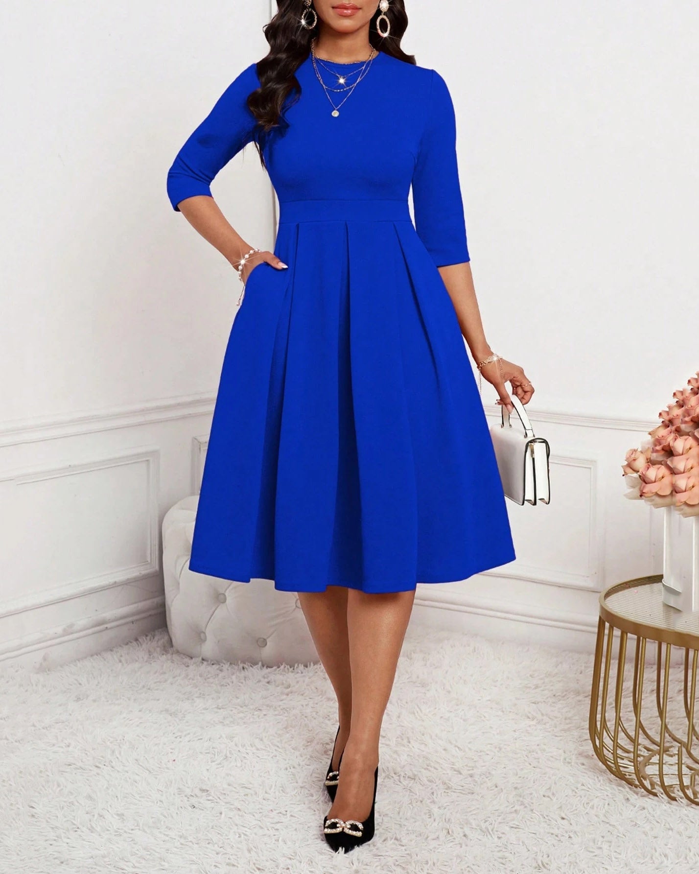 Elegant Solid Color Round Neck Long Sleeves Midi Dress