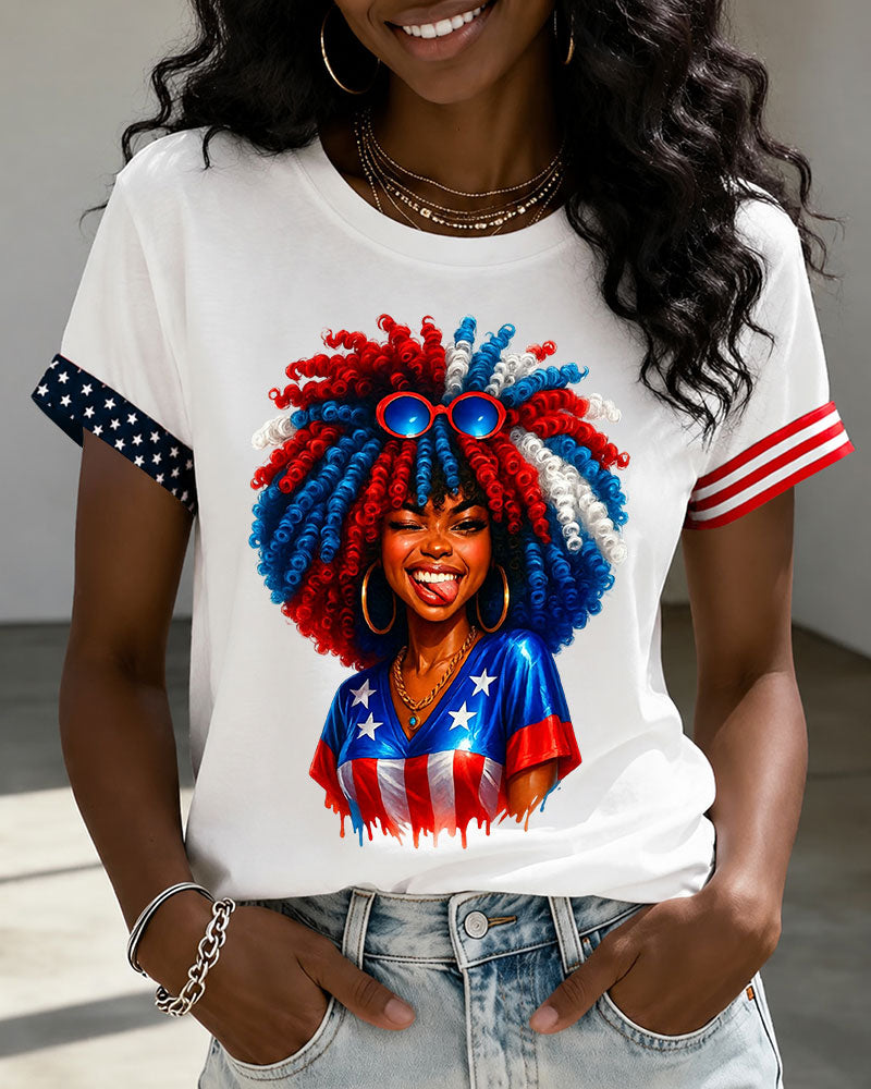 4th of July Black Girl Print Crew Neck Short Sleeve Tshirt