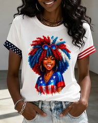 4th of July Black Girl Print Crew Neck Short Sleeve Tshirt