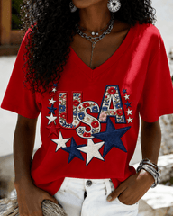 100% Cotton 4th of July V Neck Short Sleeve Tshirt