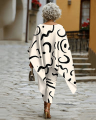 Black Ink-wash Geometric Print Crew Neck Loose Long Shirt and Drawstring Pants