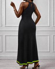 Ankara Geometric Stripes Hollow-out Halter Neckline Bodycon Maxi Dress