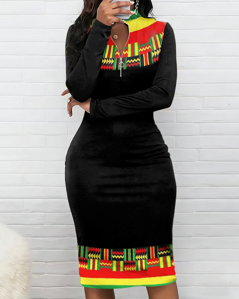 Totem Patchwork Print Zipper Stand Collar Long Sleeve Bodycon Dress