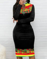 Totem Patchwork Print Zipper Stand Collar Long Sleeve Bodycon Dress