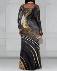 Cutout Off-shoulder V-neck Marble Texture Long Sleeve Bodycon Party Dress