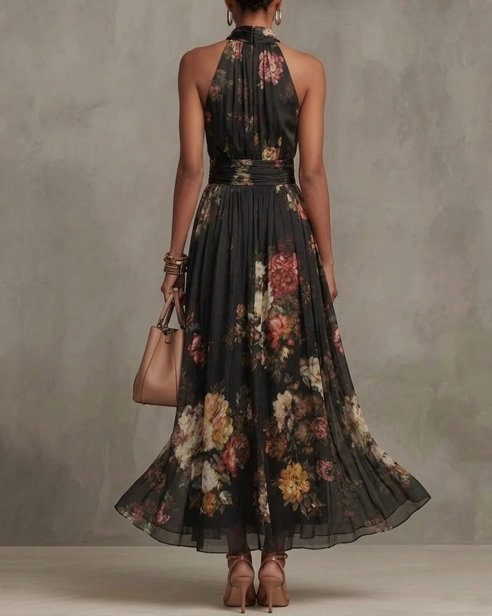 Chiffon Flowers Sleeveless High Waist Floral Print Maxi Dress