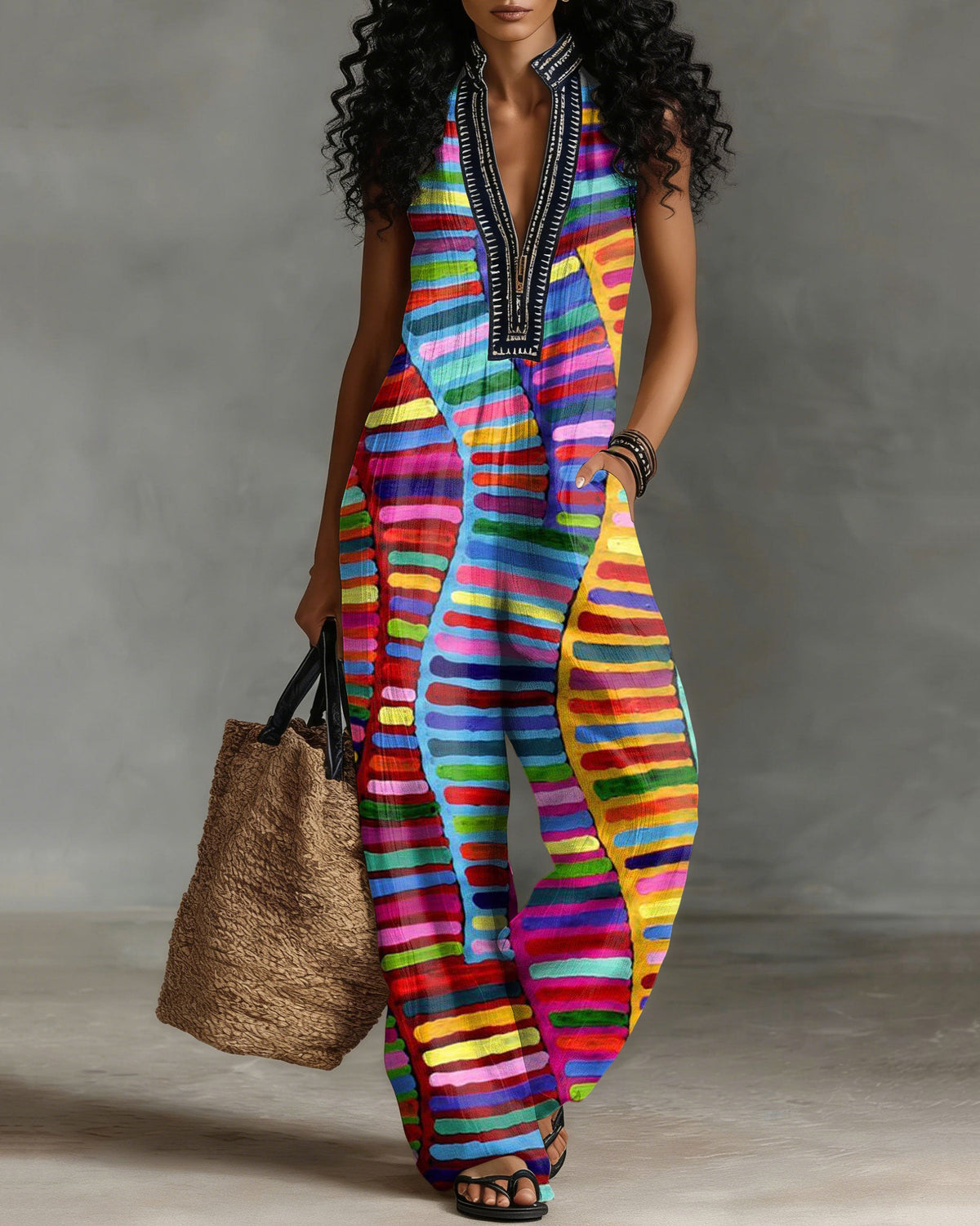 Artistic Crayon Stripes Linen Blend Sleeveless Jumpsuit With Zipper And Stand Collar