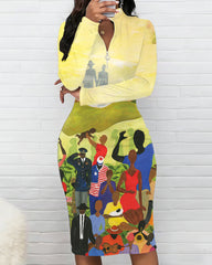 Black Culture Crayon Drawings Zipper Stand Collar Long Sleeve Bodycon Dress