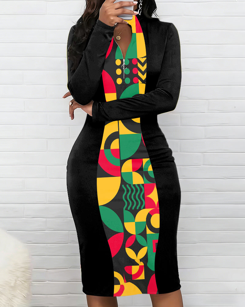 Reggae Geometric Print Zipper Stand Collar Long Sleeve Bodycon Dress