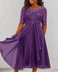 Women's Short Sleeve V-Neck Embroidery Lace Chiffon Dress