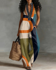 Abstract Striped Color Blocking Linen Blend Sleeveless Jumpsuit With Zipper And Stand Collar