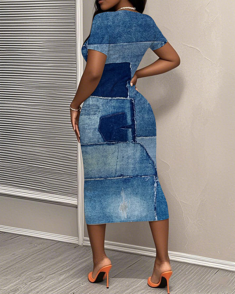 Fun Denim Patch Print Short Sleeve Bodycon Dress