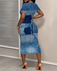 Fun Denim Patch Print Short Sleeve Bodycon Dress
