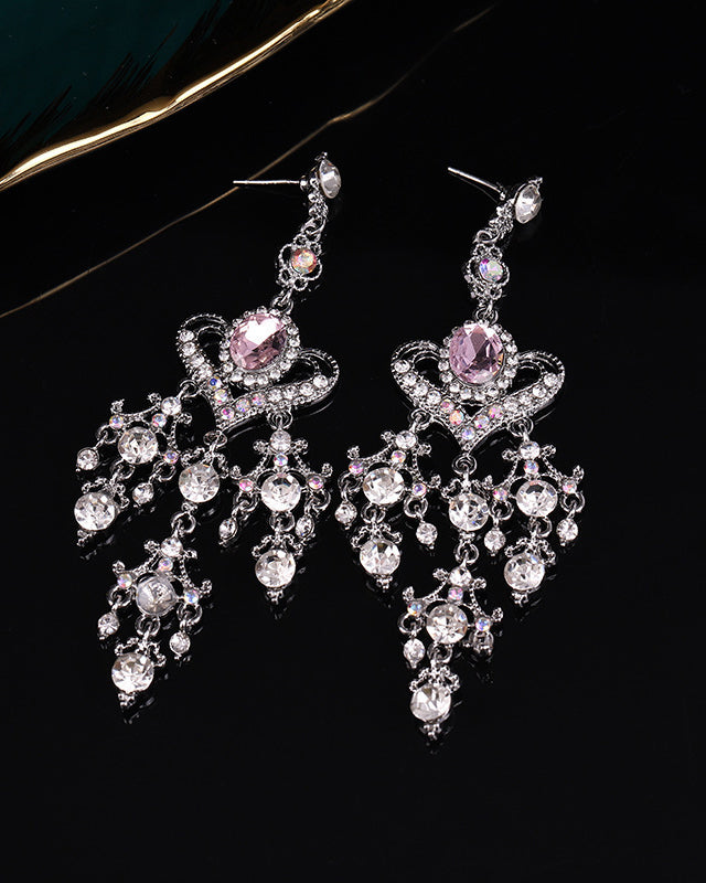 Baroque Pink Crystal Heart Tassel Earrings