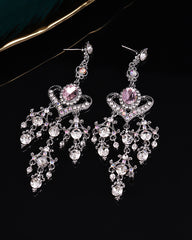 Baroque Pink Crystal Heart Tassel Earrings