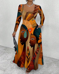 Retro Tribal Contrast Print Round Neck Long Sleeve Maxi Dress