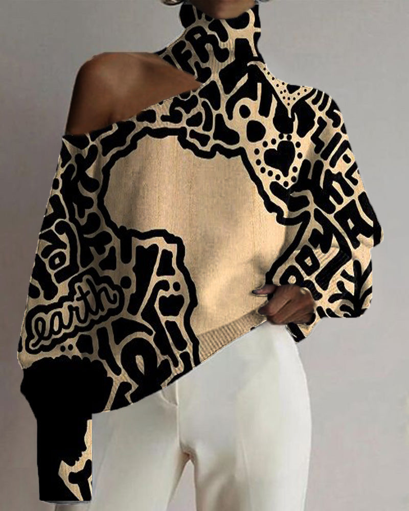 Map Ethnic Style Black Art Print Cutout High Neck Top