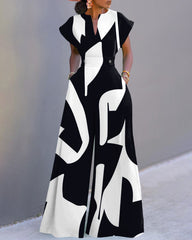 White Stripe Print Neckline Batwing Sleeve Wide Leg Jumpsuit