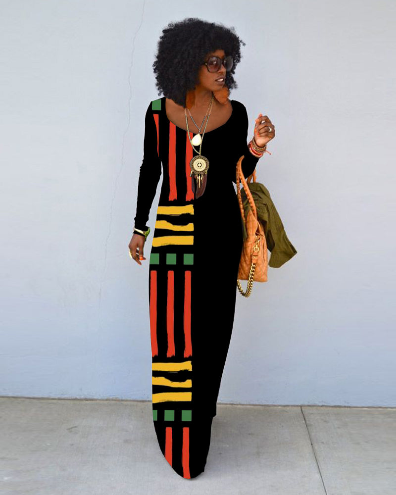 Juneteenth Fashion Tricolor Simple Print Crew Neck Long Sleeve Dress