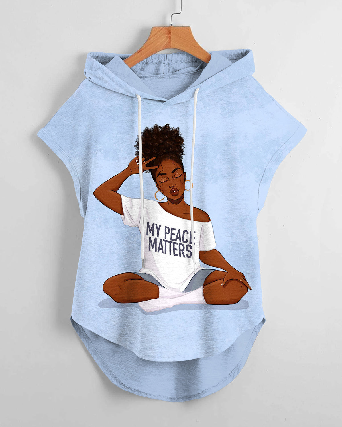 Brown Girl My Peace Matters High Low Hem Drawstring Hooded Tee