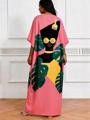 Pink Bamboo Black Print V-Neck Elegant Dress