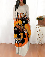 Round Neck Black Woman Art Long Sleeves Maxi Dress