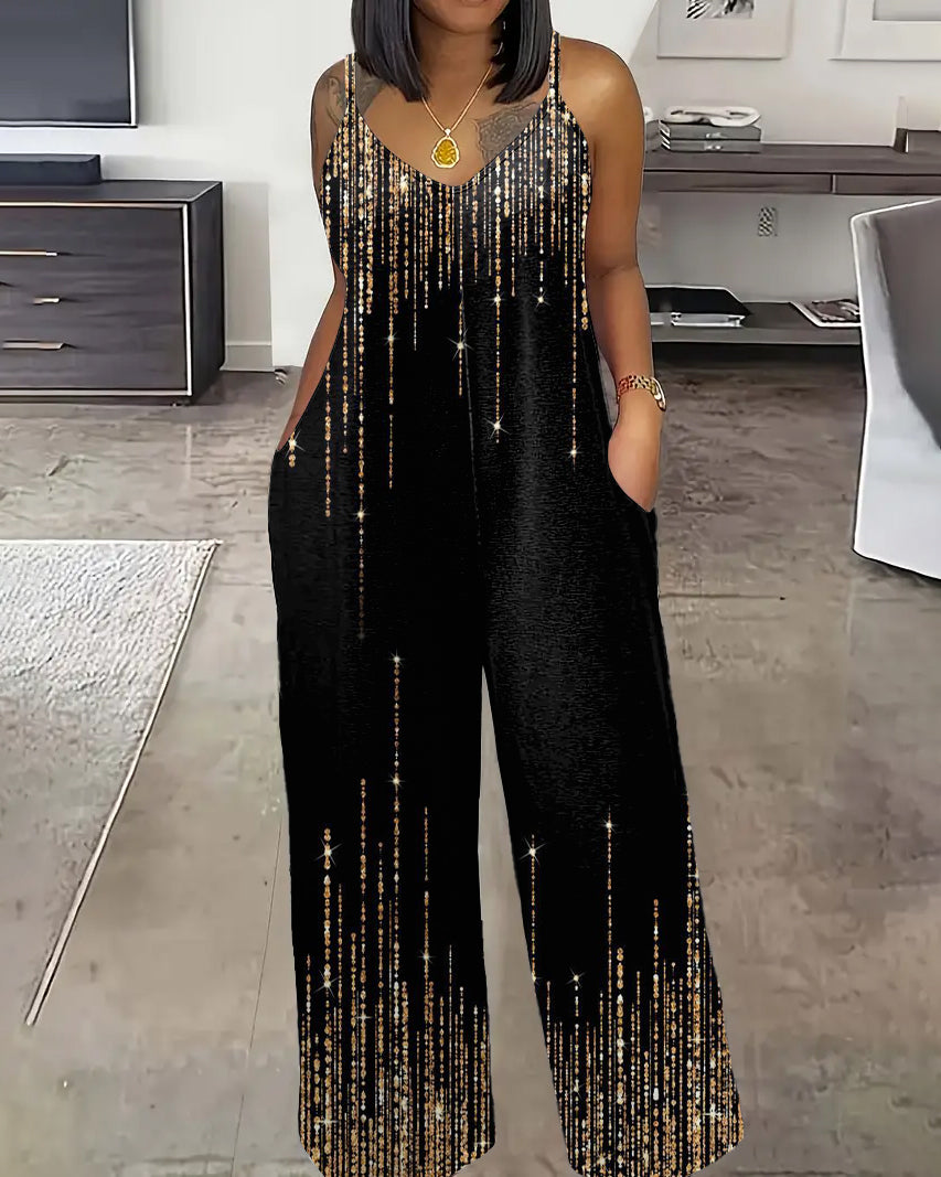 Elegant Glitter Print Straight Suspenders Jumpsuit