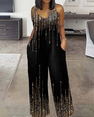 Elegant Glitter Print Straight Suspenders Jumpsuit