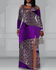 Cutout Off-shoulder V-neck Color-blocked Wavy Stripes Long Sleeve Bodycon Party Dress