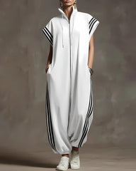 Contrast Color Pockets Split-Joint Striped Zipper Stand Collar Jumpsuits