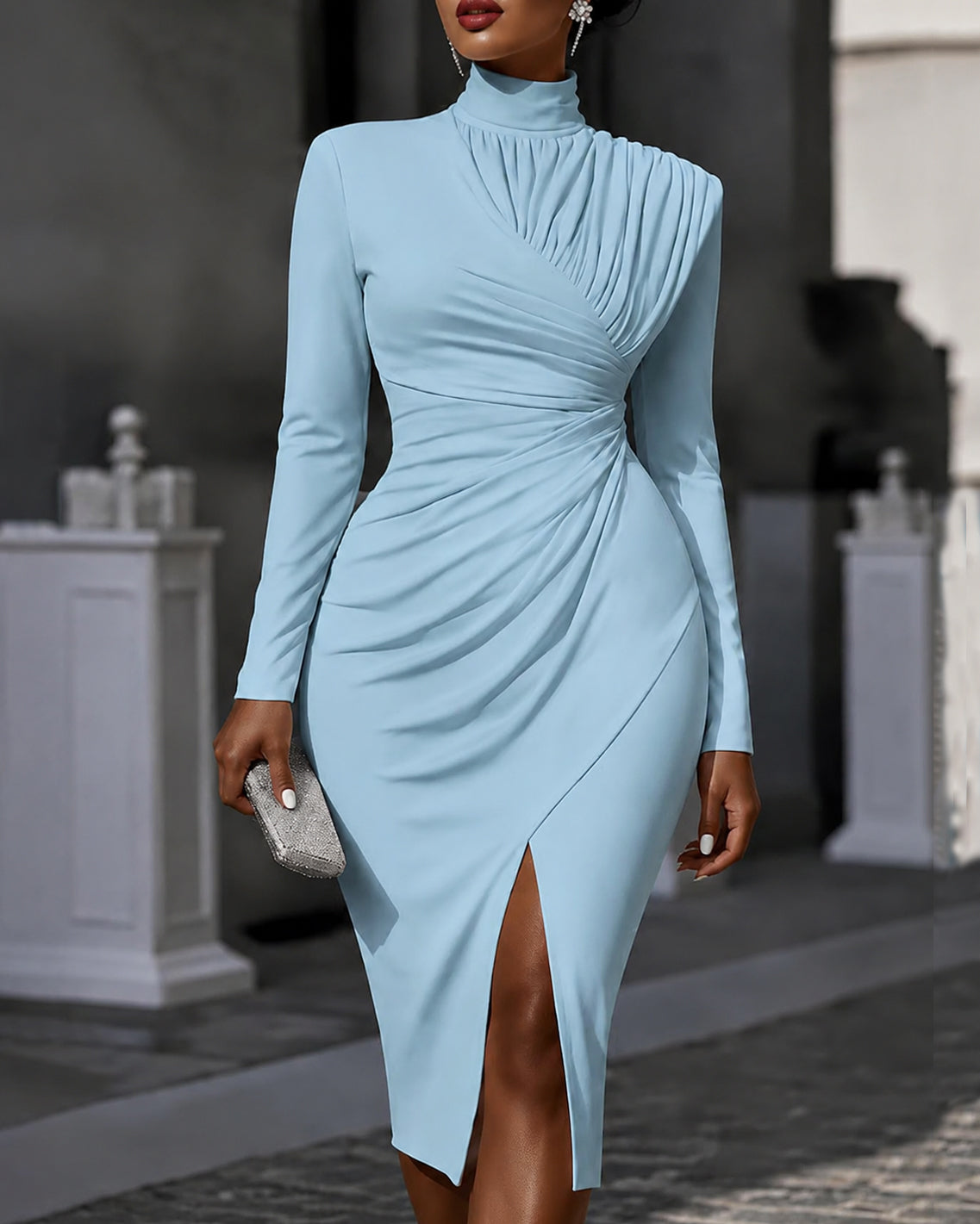 Turtleneck Long Sleeve Ruched Wrap Midi Dress