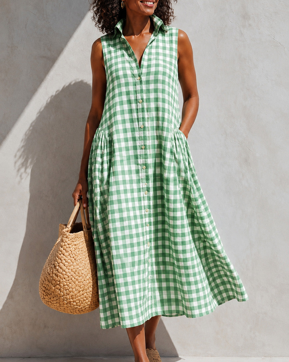 Button Front Collared Classic Plaid Sleeveless Casual Dress