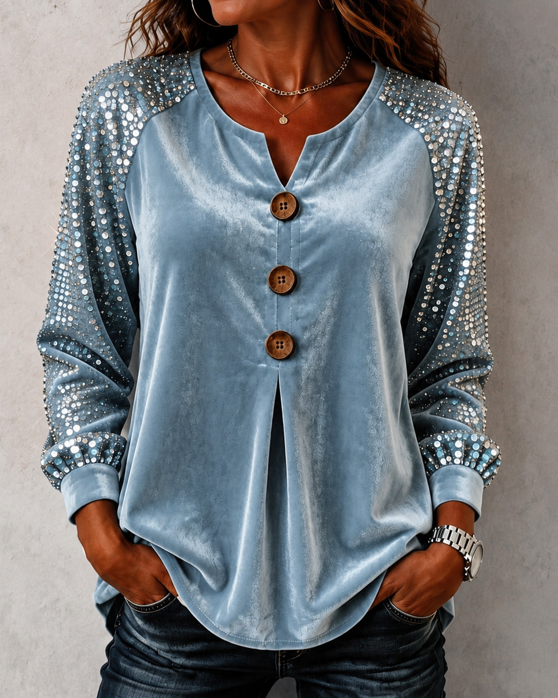 Velvet Sequin Raglan Long Sleeve Blouse