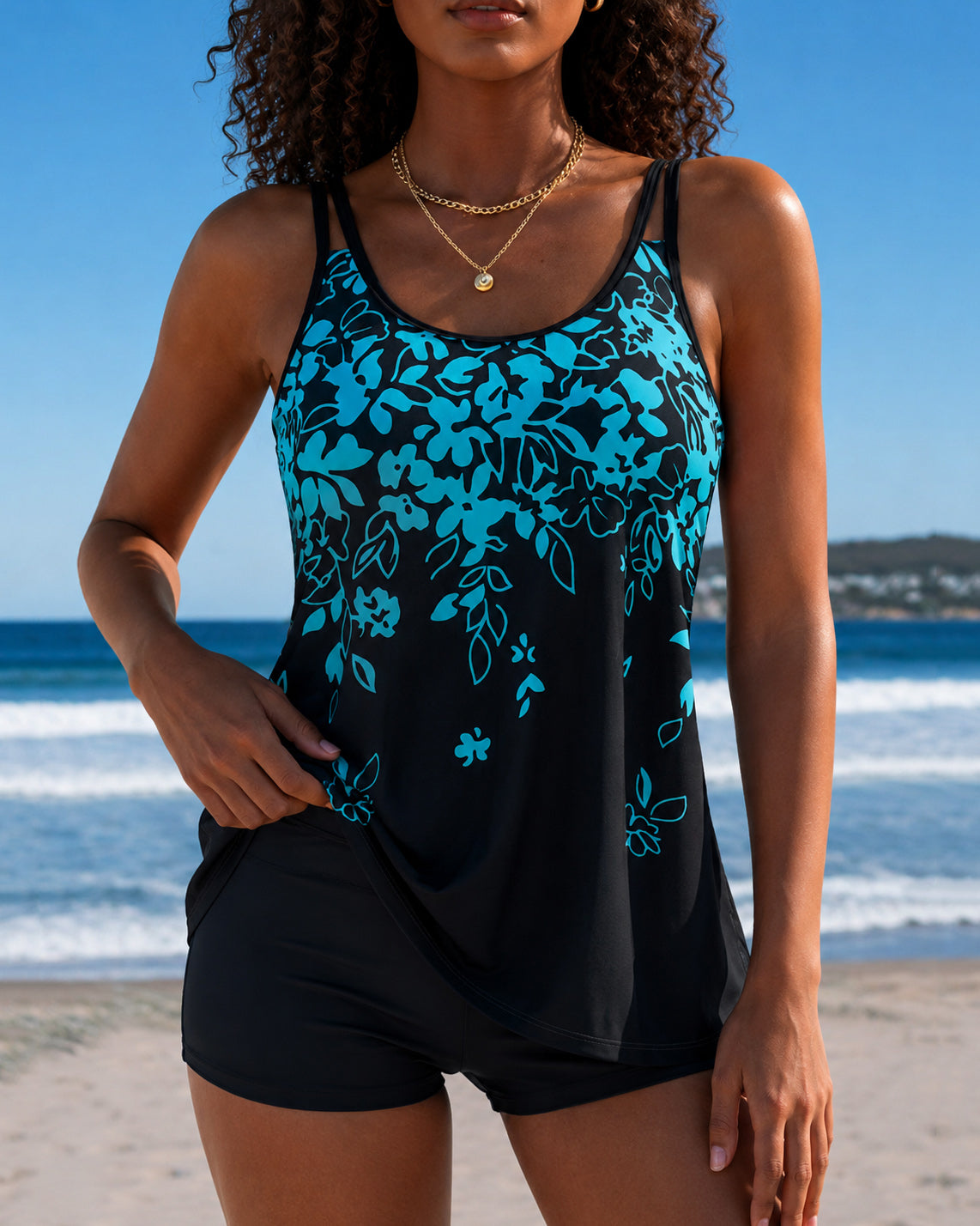 Blue Floral Swimsuit and Briefs Two-piece Swimsuit Set