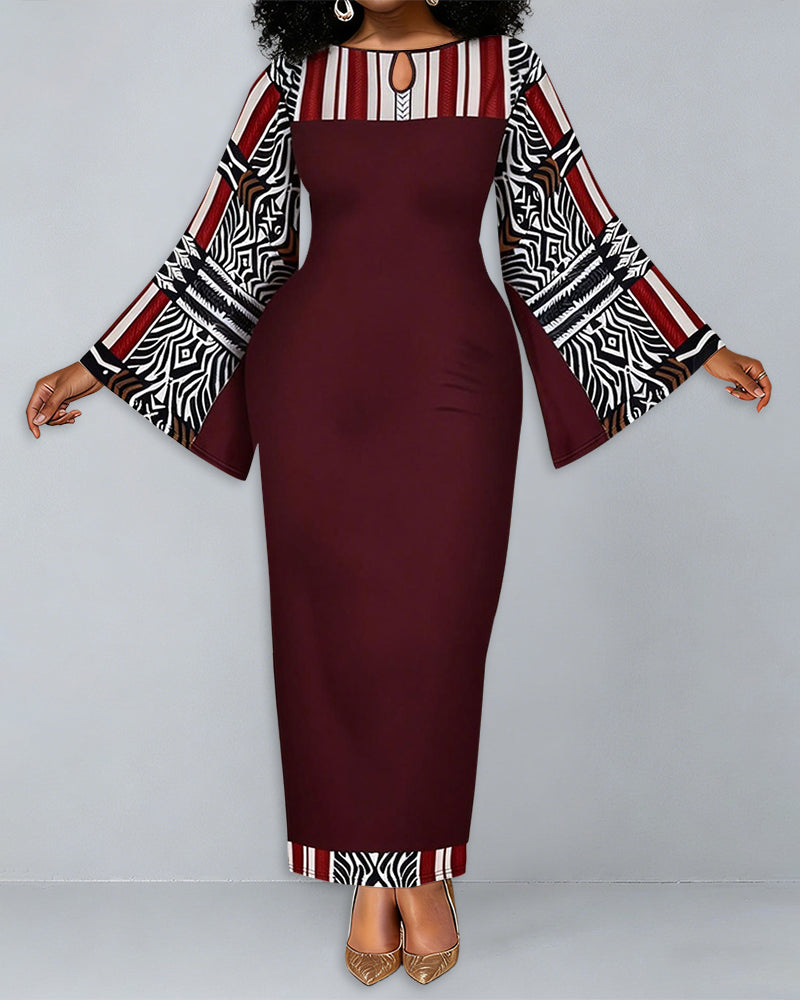 Geometric Totem Splicing Round Neck Bell Sleeve Bodycon Long Dress