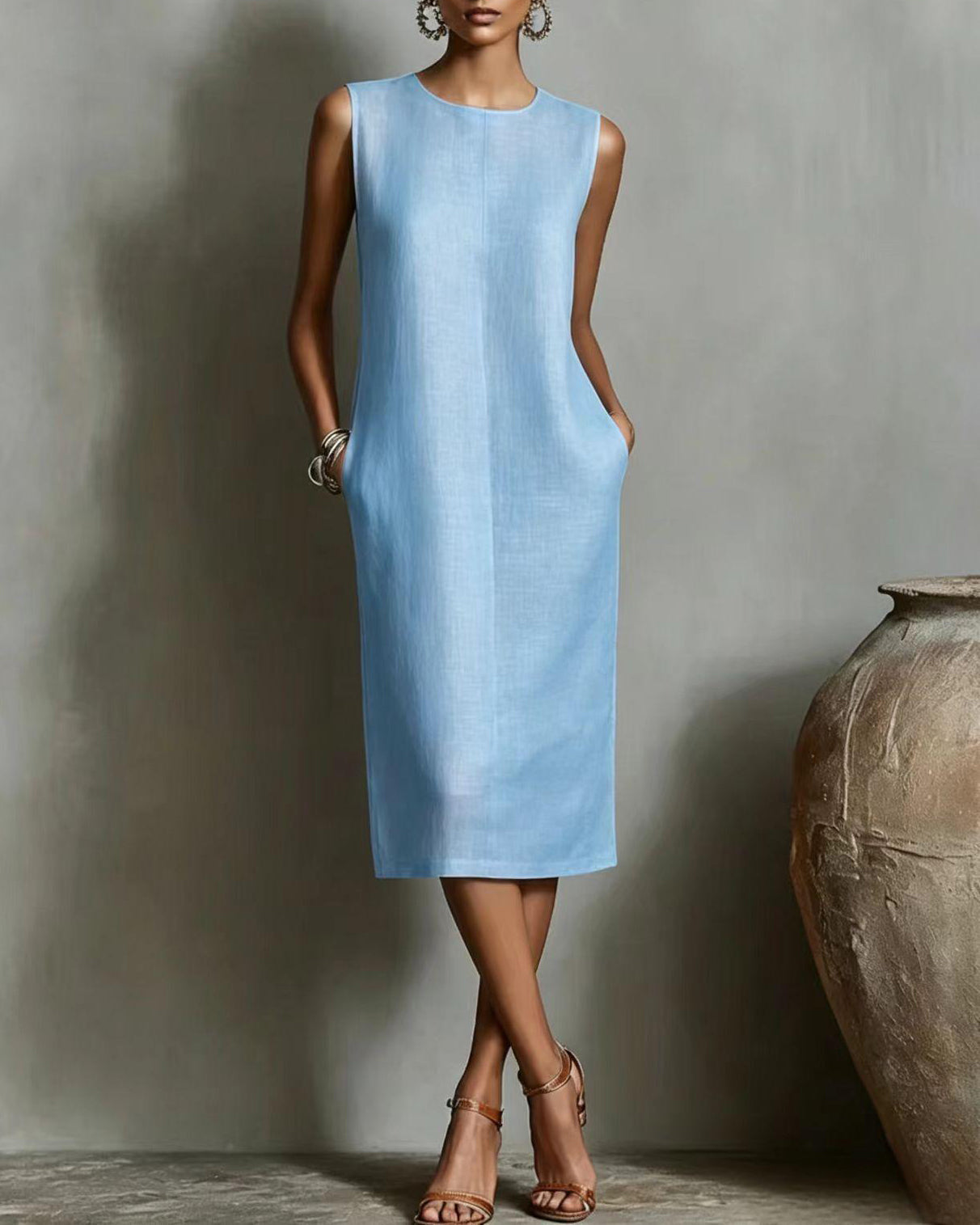 Silk Casual Solid Tailored Sleeveless Midi Dress