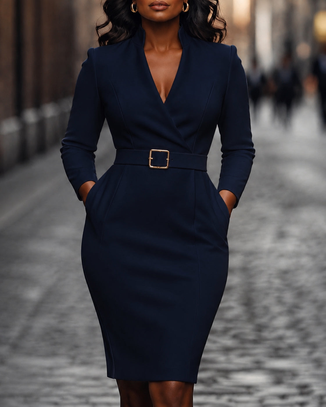 Belted Midi Dress with Structured Collar Includes Belt