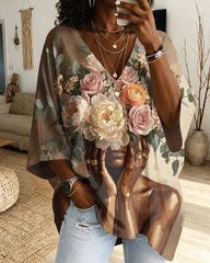 Black Woman Floral Portrait Art V‑Neck Half‑Sleeve Loose‑Fit Top