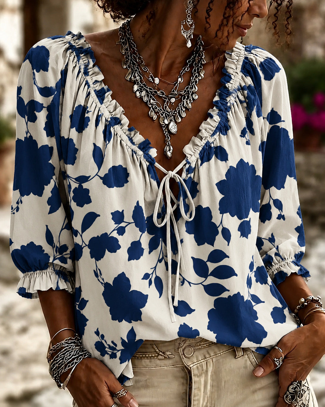 Bohemian Flowers Print Lace Up Blouse
