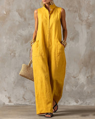 Stand-up Collar Sleeveless Linen Button-down Loose Wide-leg Jumpsuit