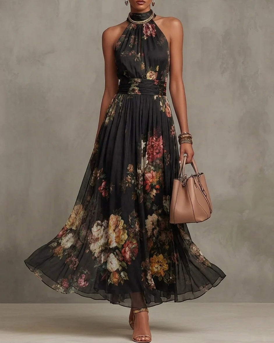 Chiffon Flowers Sleeveless High Waist Floral Print Maxi Dress