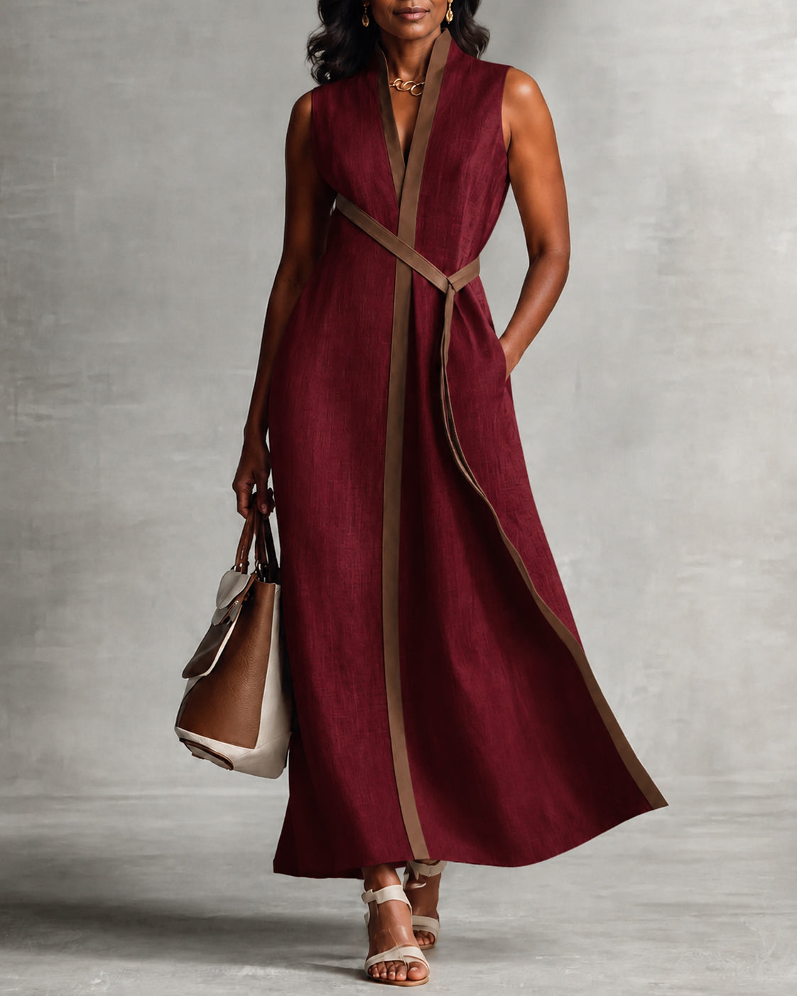 Women's Color Block Sleeveless Stand Collar Linen Blend Dress